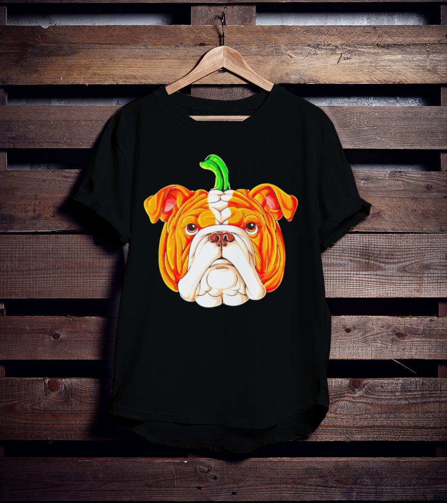 Bulldog Pumpkin Halloween Face With Green Stem T-Shirt