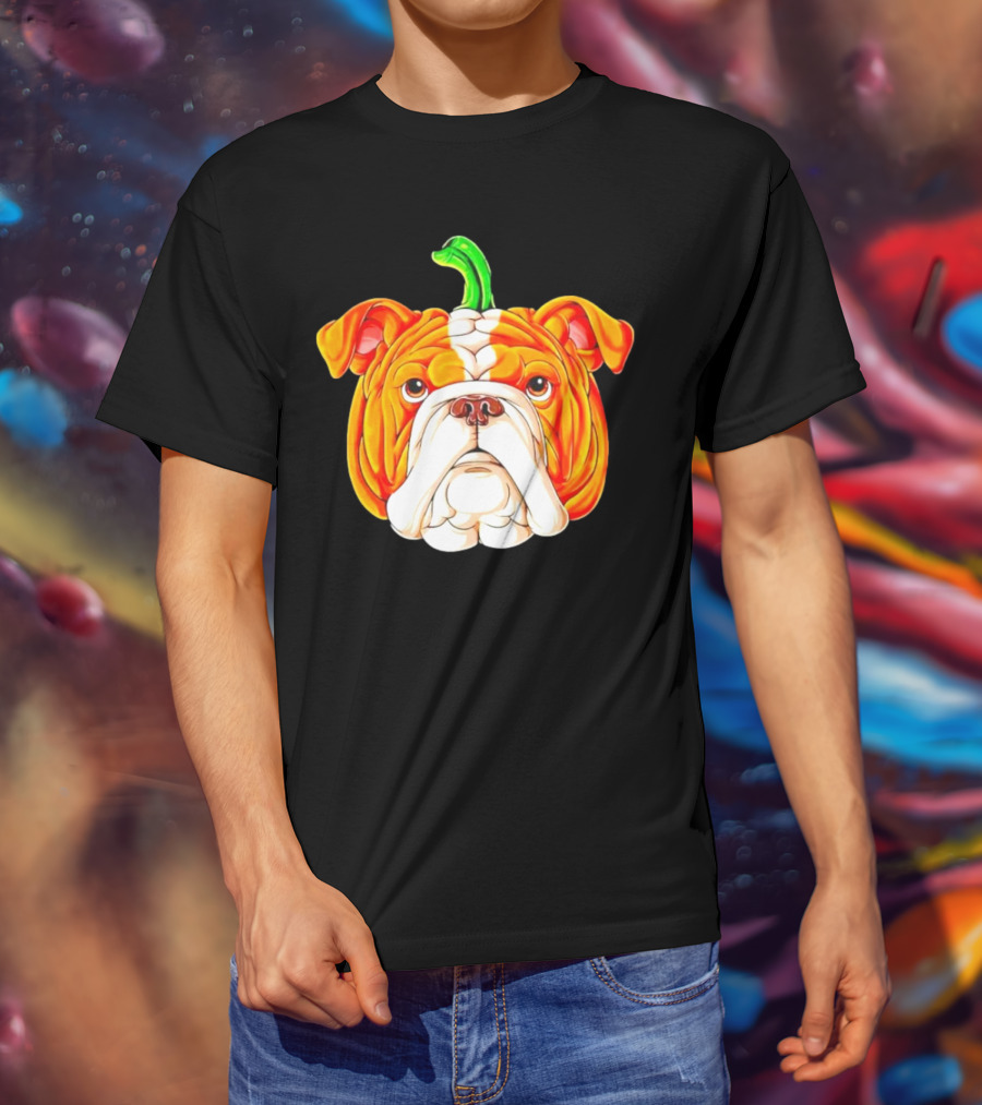 Bulldog Pumpkin Halloween Face With Green Stem T-Shirt