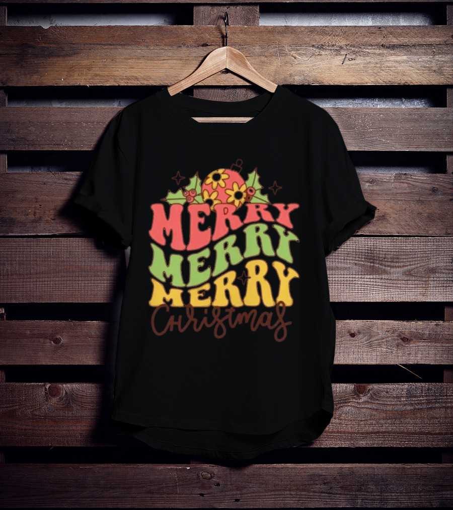 Merry Merry Merry Christmas Retro Flowers And Holly T-Shirt