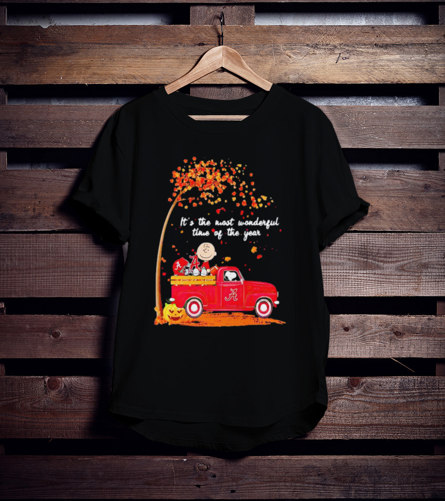 Peanuts Characters Alabama Crimson Tide Fall It's The Most Wonderful Time Of The Year Truck Football Pumpkins Leaves T-Shirt