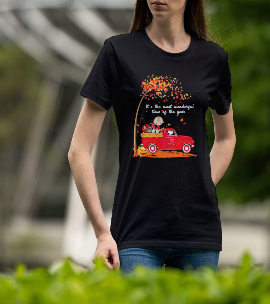 Peanuts Characters Alabama Crimson Tide Fall It's The Most Wonderful Time Of The Year Truck Football Pumpkins Leaves T-Shirt
