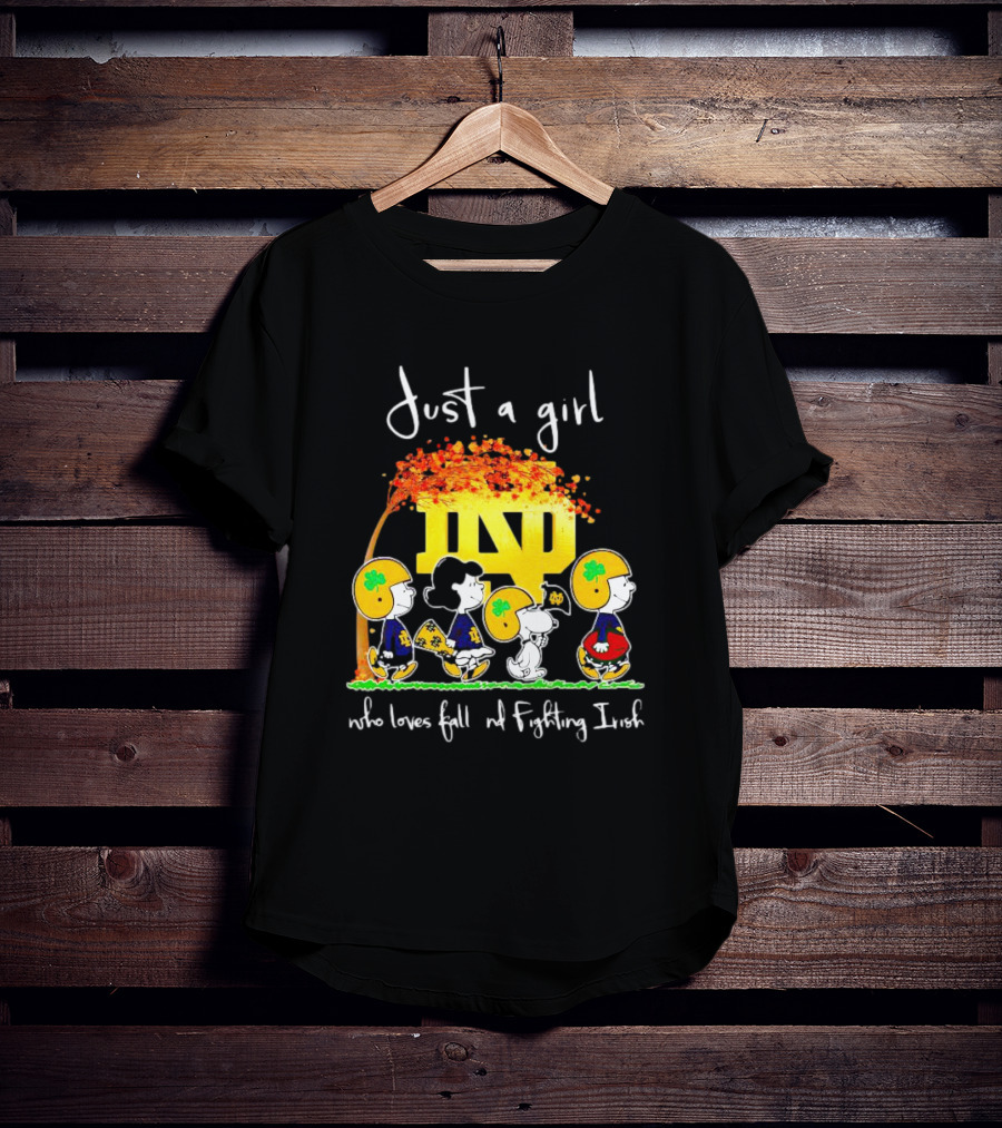 Just A Girl Who Loves Fall ND Fighting Irish Peanuts Characters T-Shirt