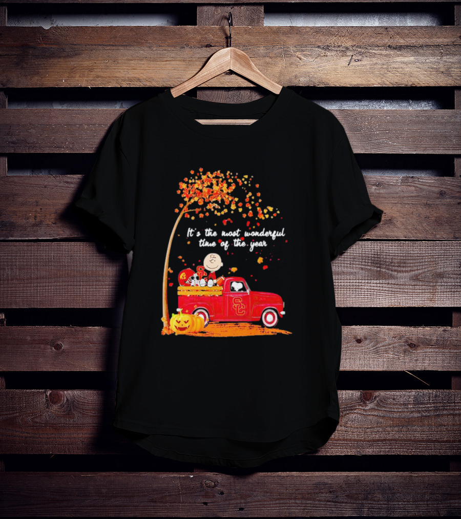 Peanuts Characters USC Trojans Fall It's The Most Wonderful Time Of The Year Football Truck Pumpkin Charlie Brown T-Shirt
