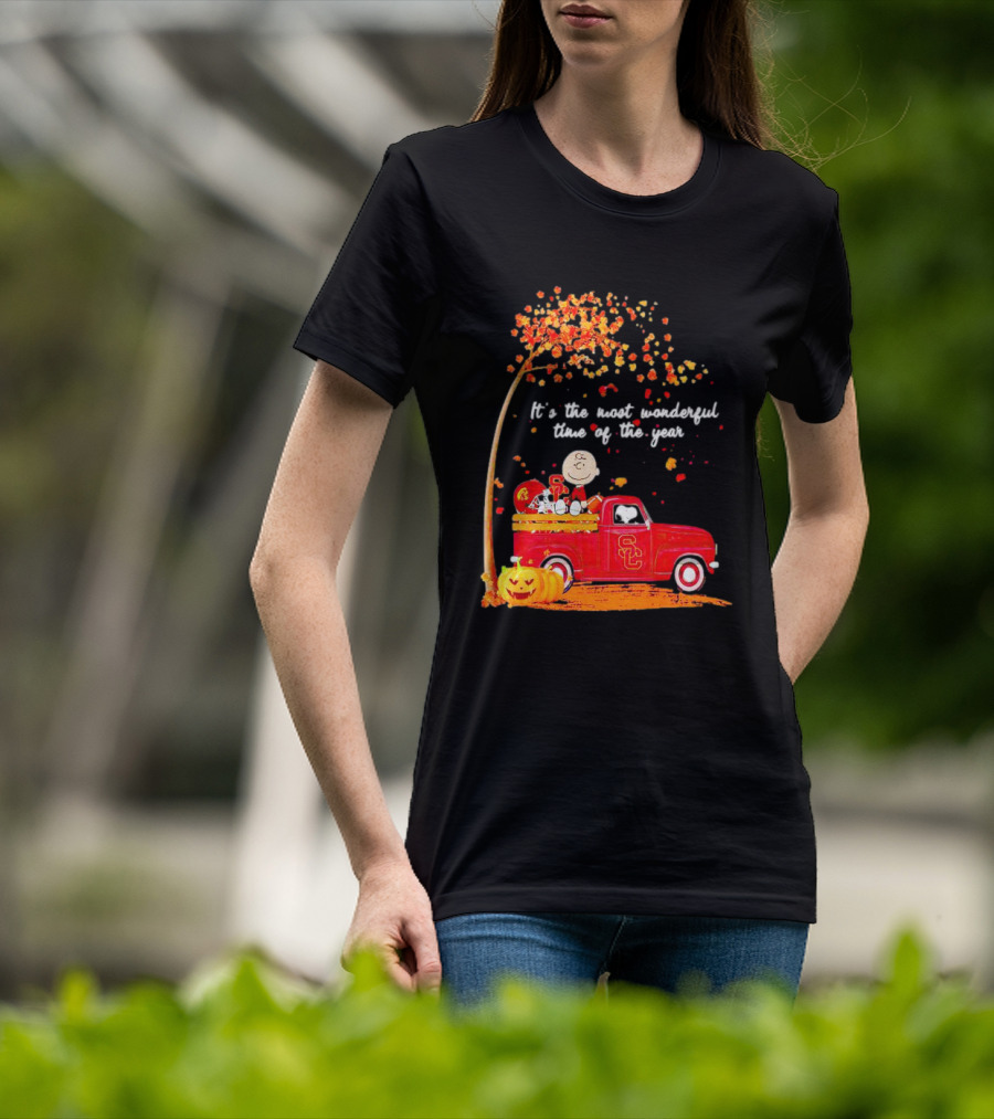 Peanuts Characters USC Trojans Fall It's The Most Wonderful Time Of The Year Football Truck Pumpkin Charlie Brown T-Shirt