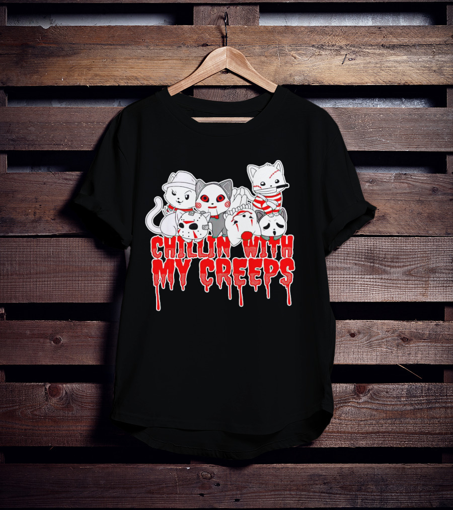 Chillin With My Creeps Cat Horror Icons T-Shirt