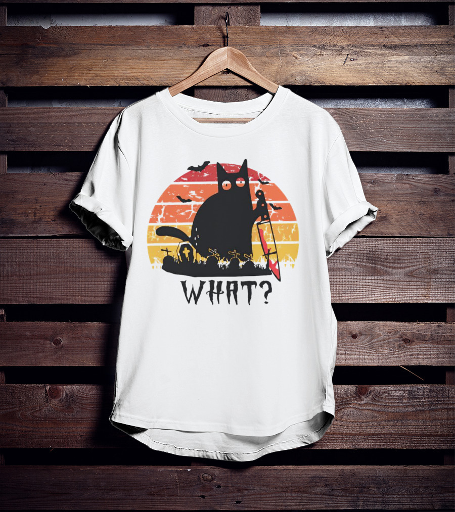 Cat With Sword And Graves Sunset Halloween T-Shirt