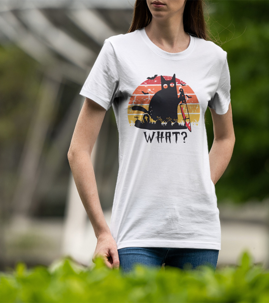 Cat With Sword And Graves Sunset Halloween T-Shirt