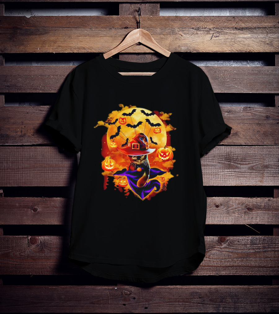 Cat Witch With Pumpkin Lanterns And Bats Halloween Moon T-Shirt