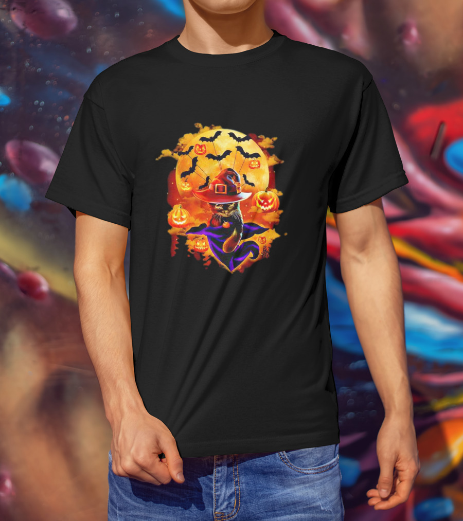 Cat Witch With Pumpkin Lanterns And Bats Halloween Moon T-Shirt