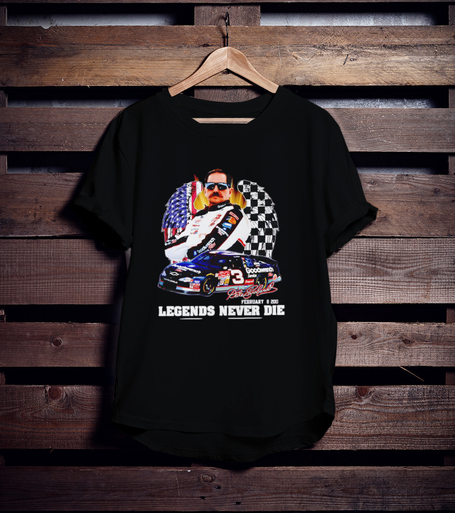 Dale Earnhardt Legends Never Die February 18 2001 Racing Icon American Flag Checkered Flag T-Shirt