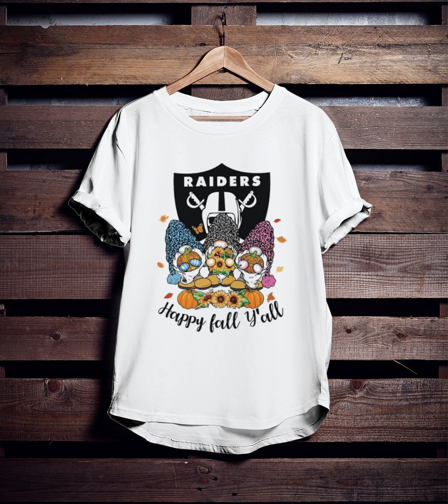 Raiders Gnomes With Sunflowers And Pumpkins Happy Fall Y'all T-Shirt