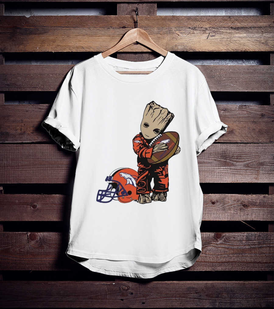 Groot Hugging Denver Broncos Football And Helmet T-Shirt
