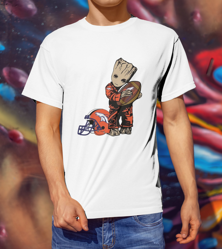 Groot Hugging Denver Broncos Football And Helmet T-Shirt