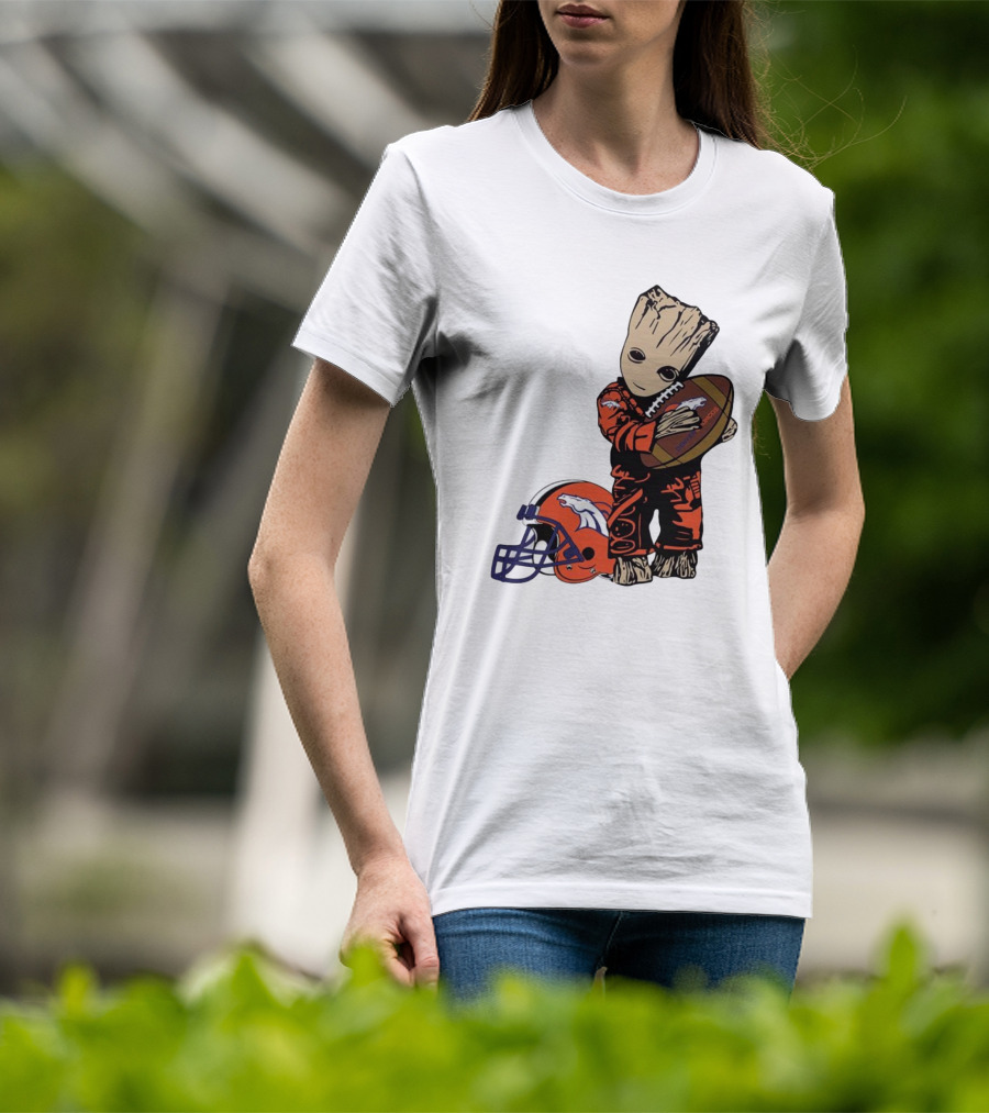 Groot Hugging Denver Broncos Football And Helmet T-Shirt