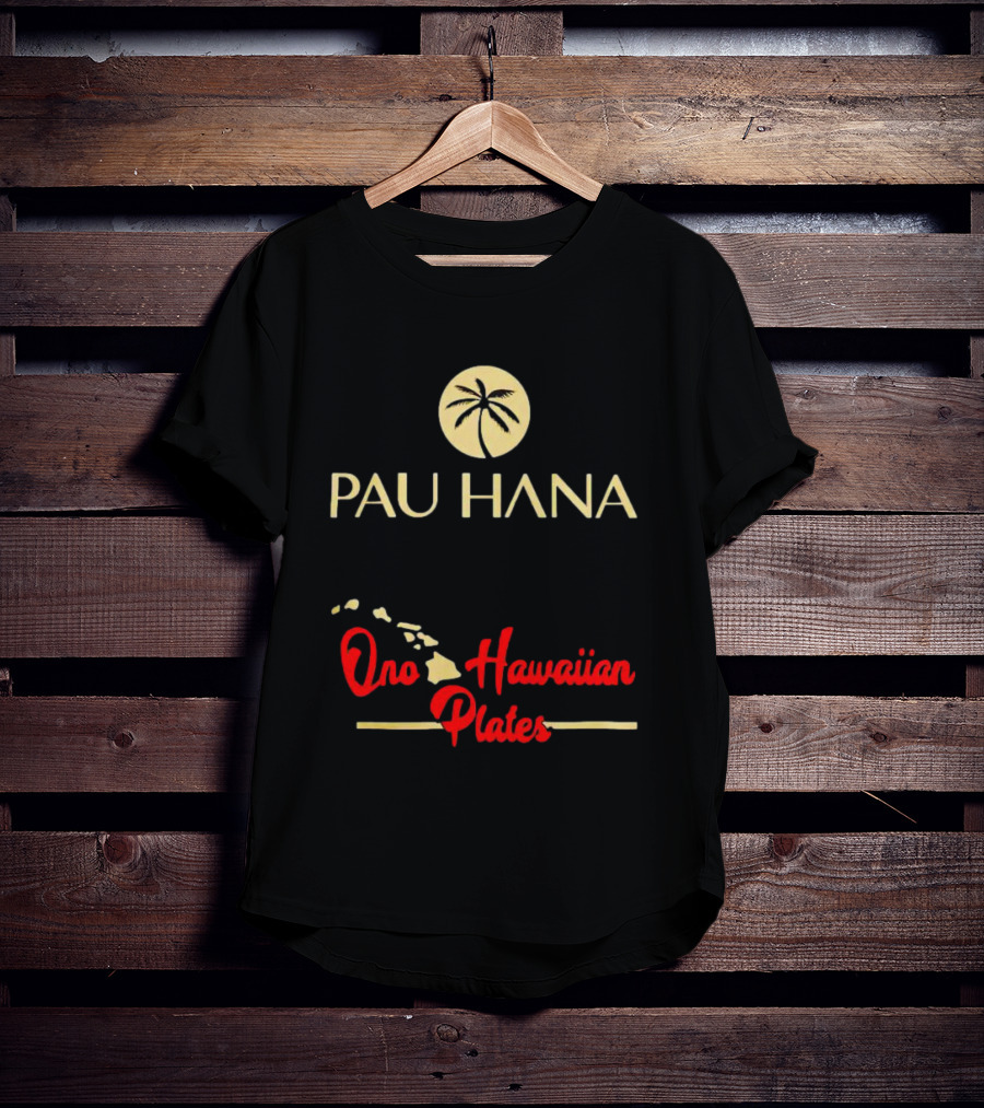 Pau Hana Palm Logo Ono Hawaiian Plates Map T-Shirt
