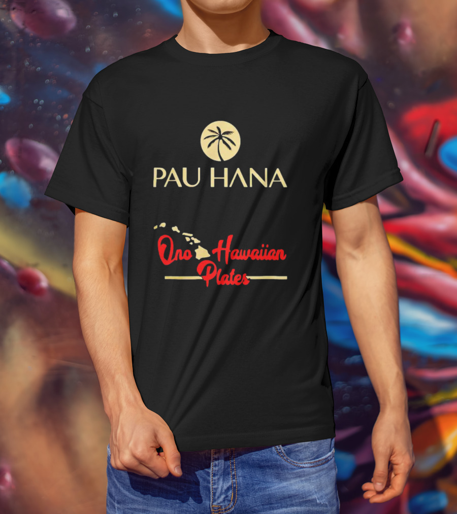 Pau Hana Palm Logo Ono Hawaiian Plates Map T-Shirt