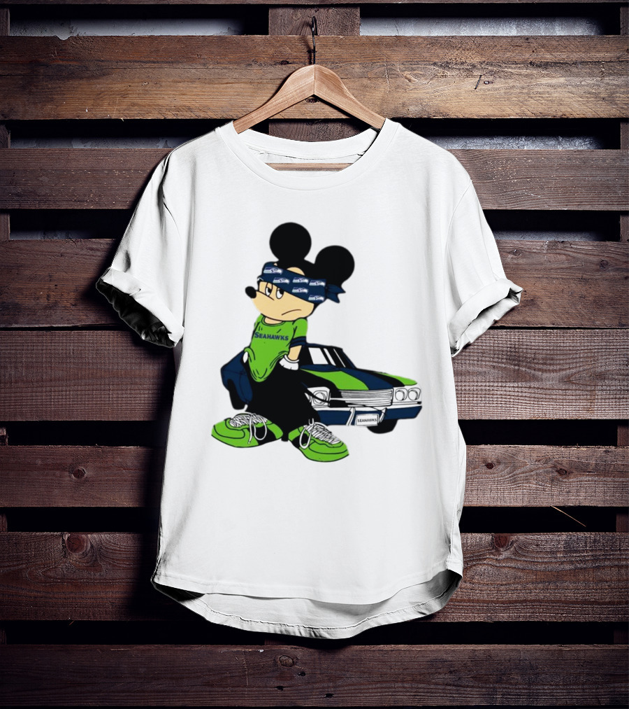 Seattle Seahawks Mickey Mouse Gangster Car Football Fan T-Shirt