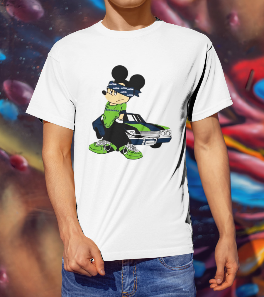 Seattle Seahawks Mickey Mouse Gangster Car Football Fan T-Shirt