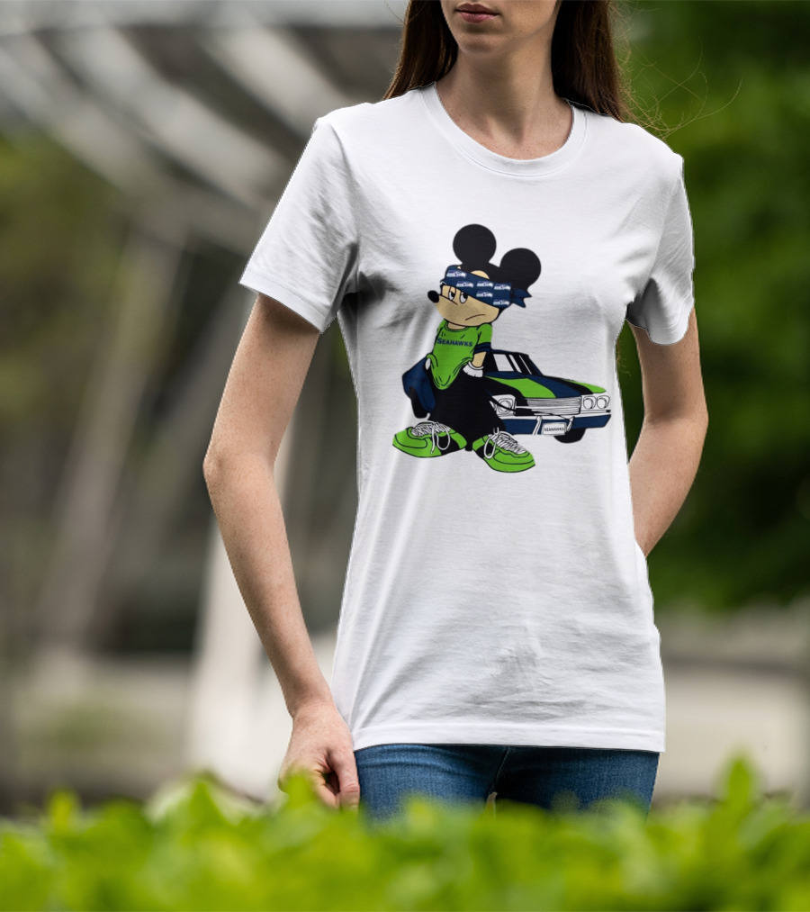 Seattle Seahawks Mickey Mouse Gangster Car Football Fan T-Shirt