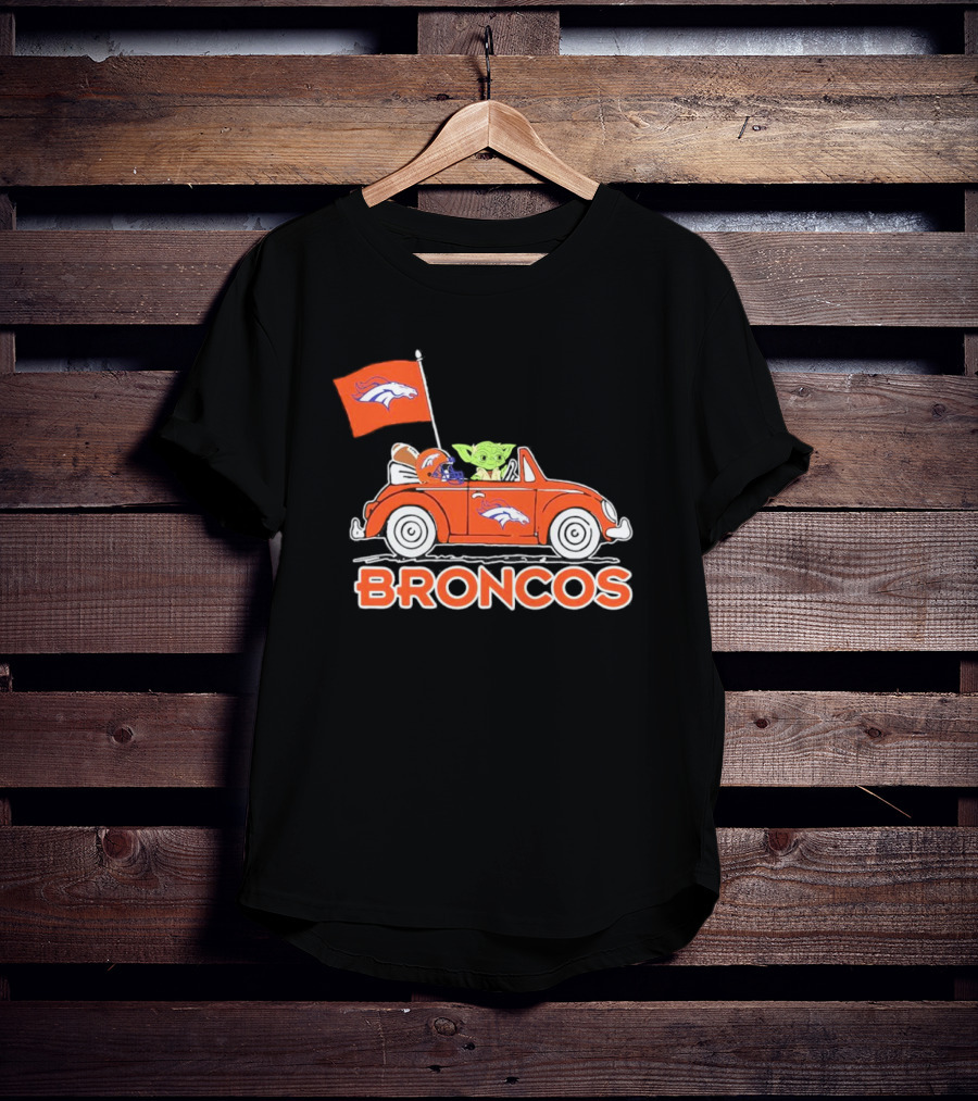 Yoda With Helmet In Denver Broncos Car With Flag T-Shirt