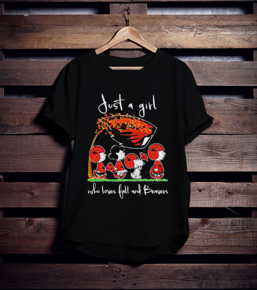 Just A Girl Who Loves Fall And Beavers Peanuts Characters In Football Gear T-Shirt