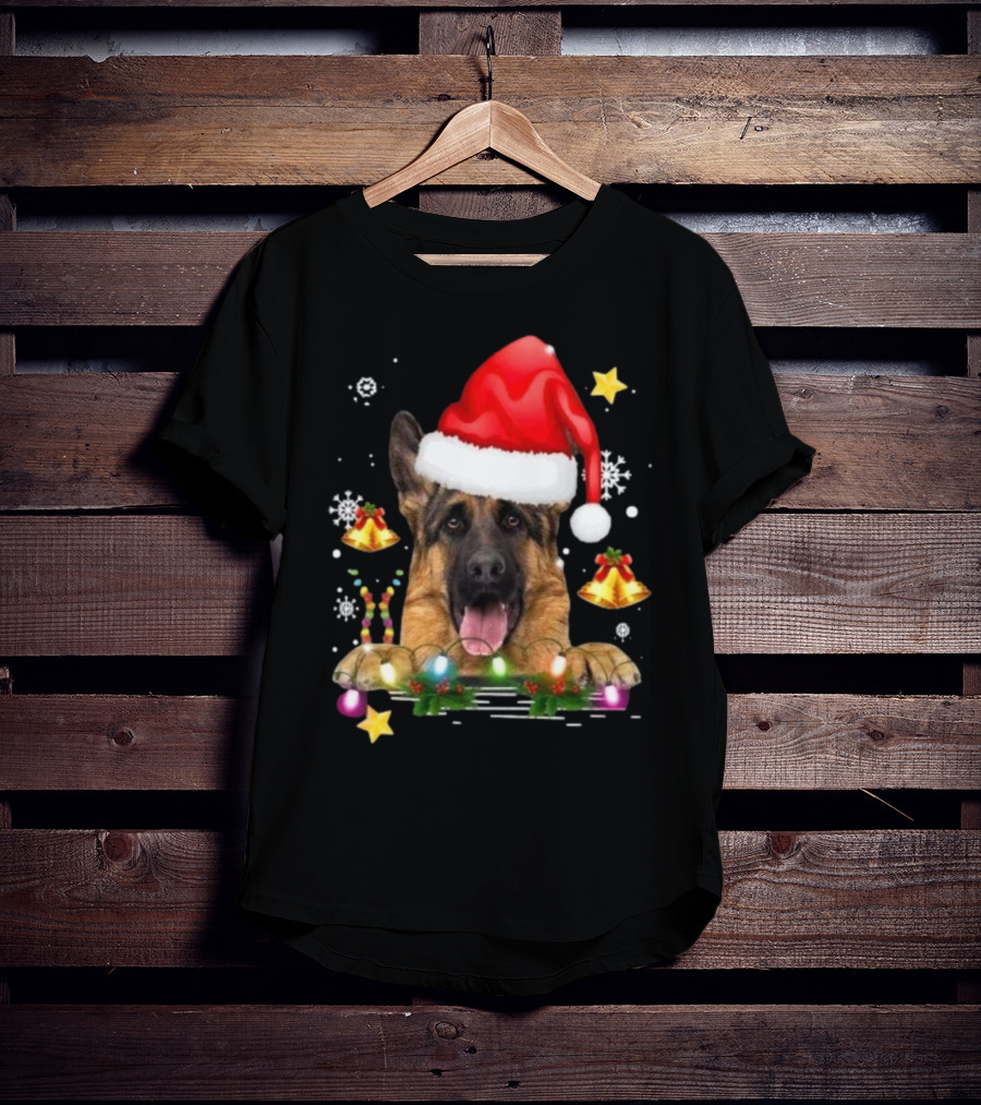Happy Merry Christmas Lights German Shepherd Dog Festive Santa Hat T-Shirt