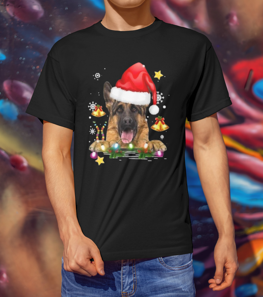 Happy Merry Christmas Lights German Shepherd Dog Festive Santa Hat T-Shirt