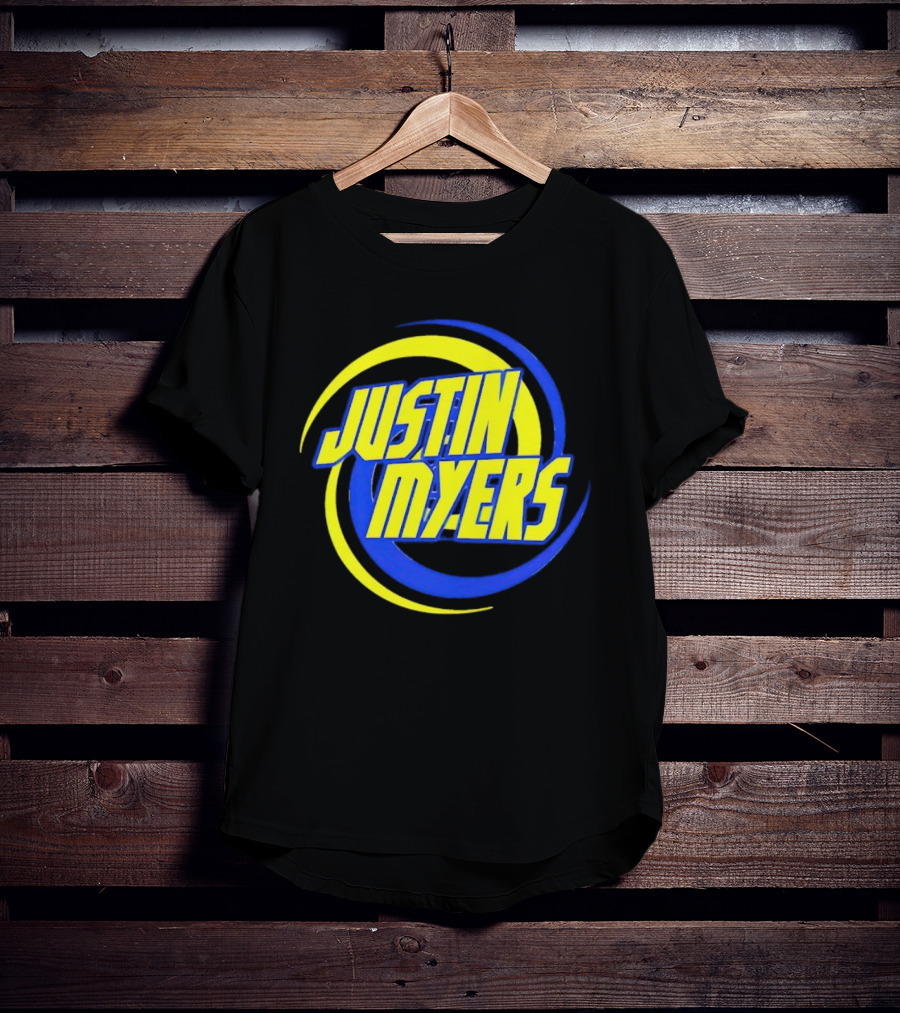 JUSTIN MYERS Blue Yellow Spiral Circle Text T-Shirt