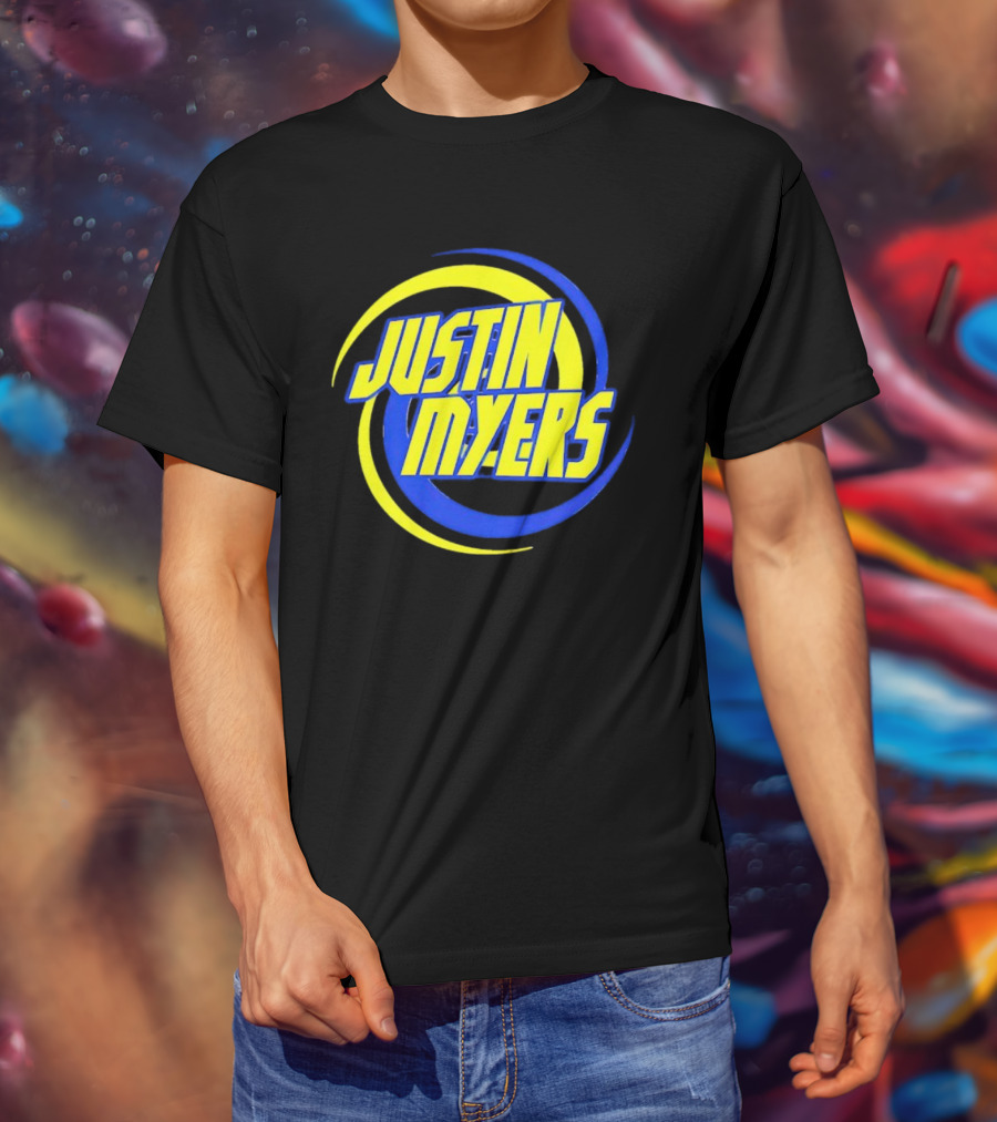JUSTIN MYERS Blue Yellow Spiral Circle Text T-Shirt