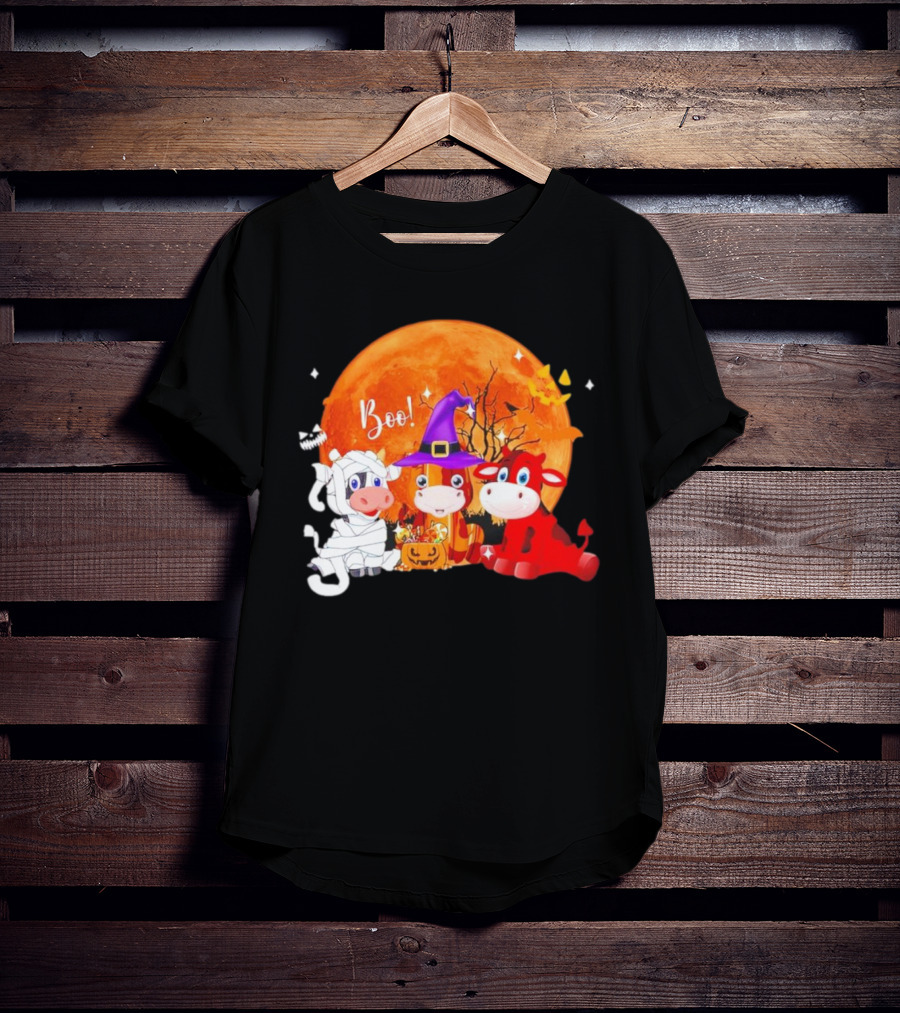 Boo Three Cow Halloween With Witch Hat Mummy And Devil In Front Of Full Moon T-Shirt
