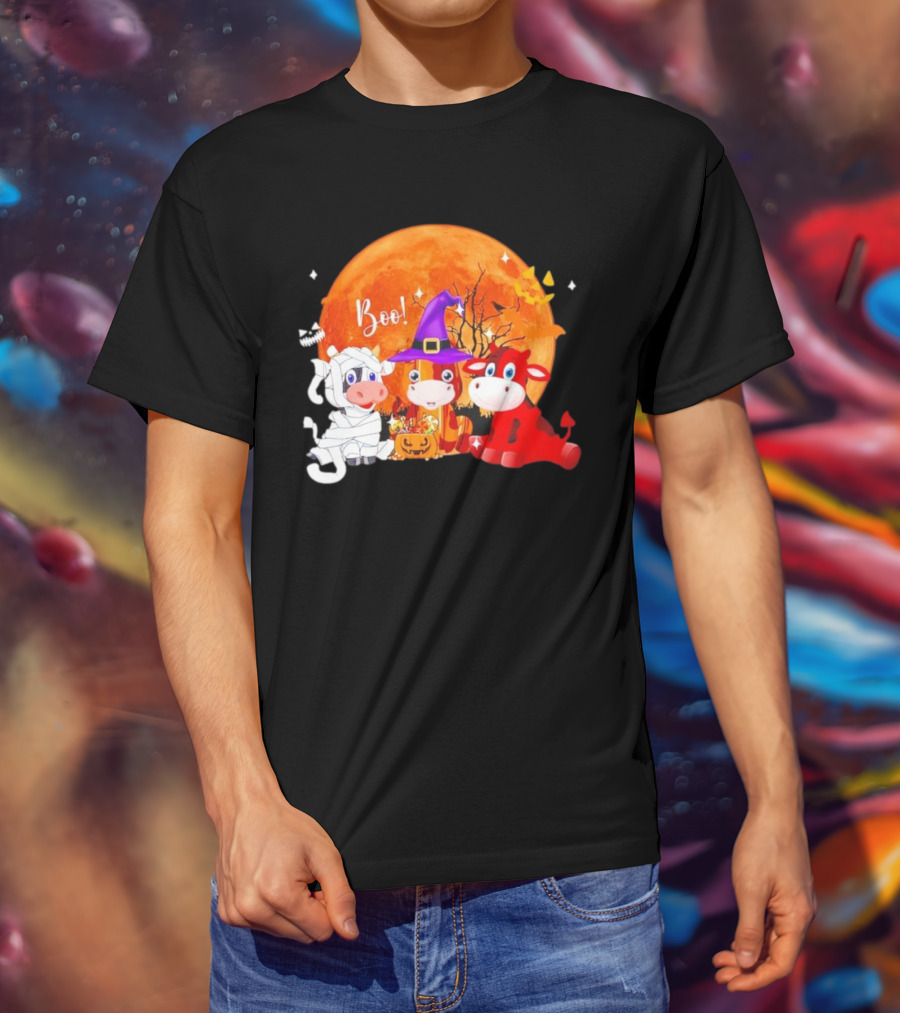 Boo Three Cow Halloween With Witch Hat Mummy And Devil In Front Of Full Moon T-Shirt