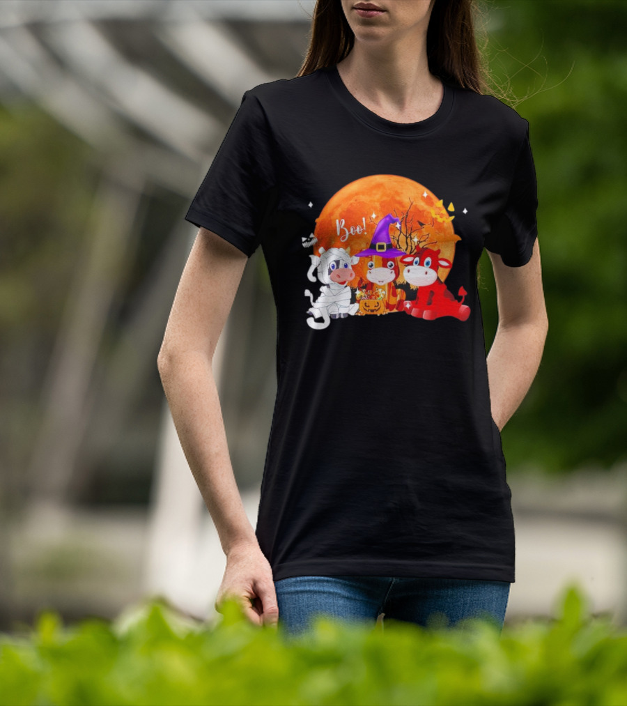 Boo Three Cow Halloween With Witch Hat Mummy And Devil In Front Of Full Moon T-Shirt