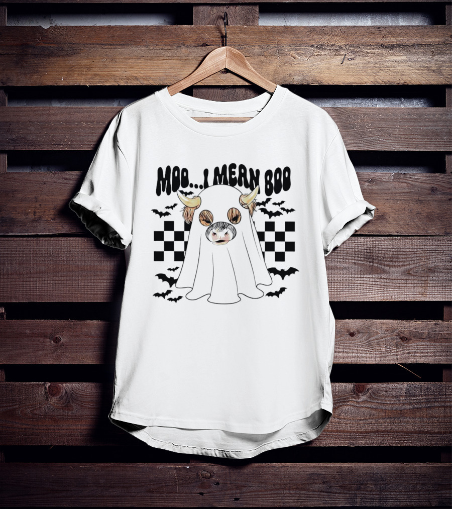 Moo I Mean Boo Ghost Cow With Bats And Checkered T-Shirt