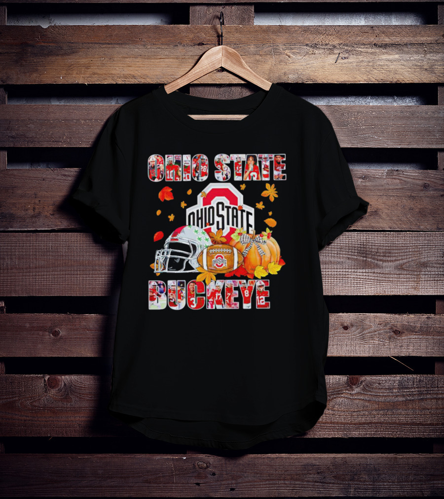 Ohio State Buckeyes Football Autumn Leaves Helmet Pumpkins T-Shirt