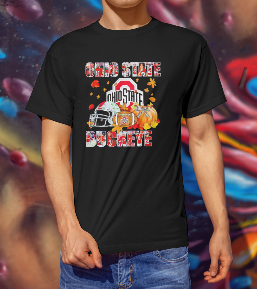 Ohio State Buckeyes Football Autumn Leaves Helmet Pumpkins T-Shirt