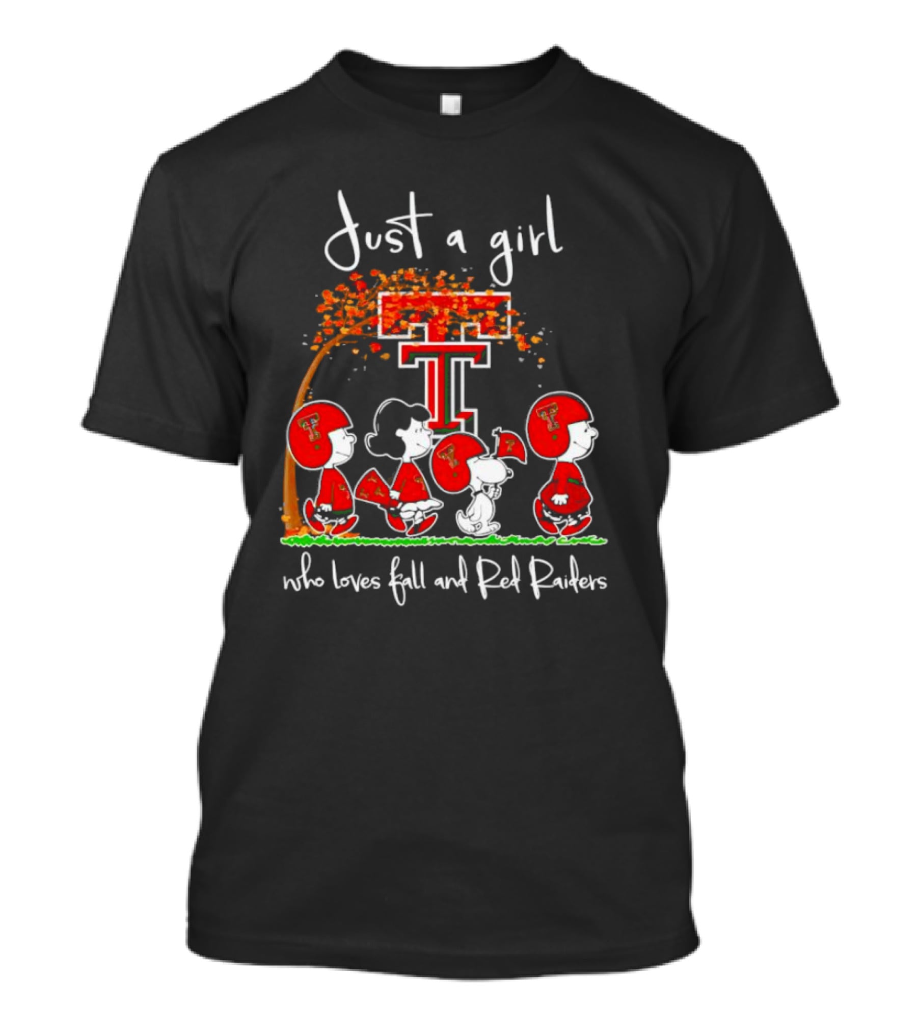 Just A Girl Who Loves Fall And Red Raiders With Peanuts Characters And Texas Tech T-Shirt