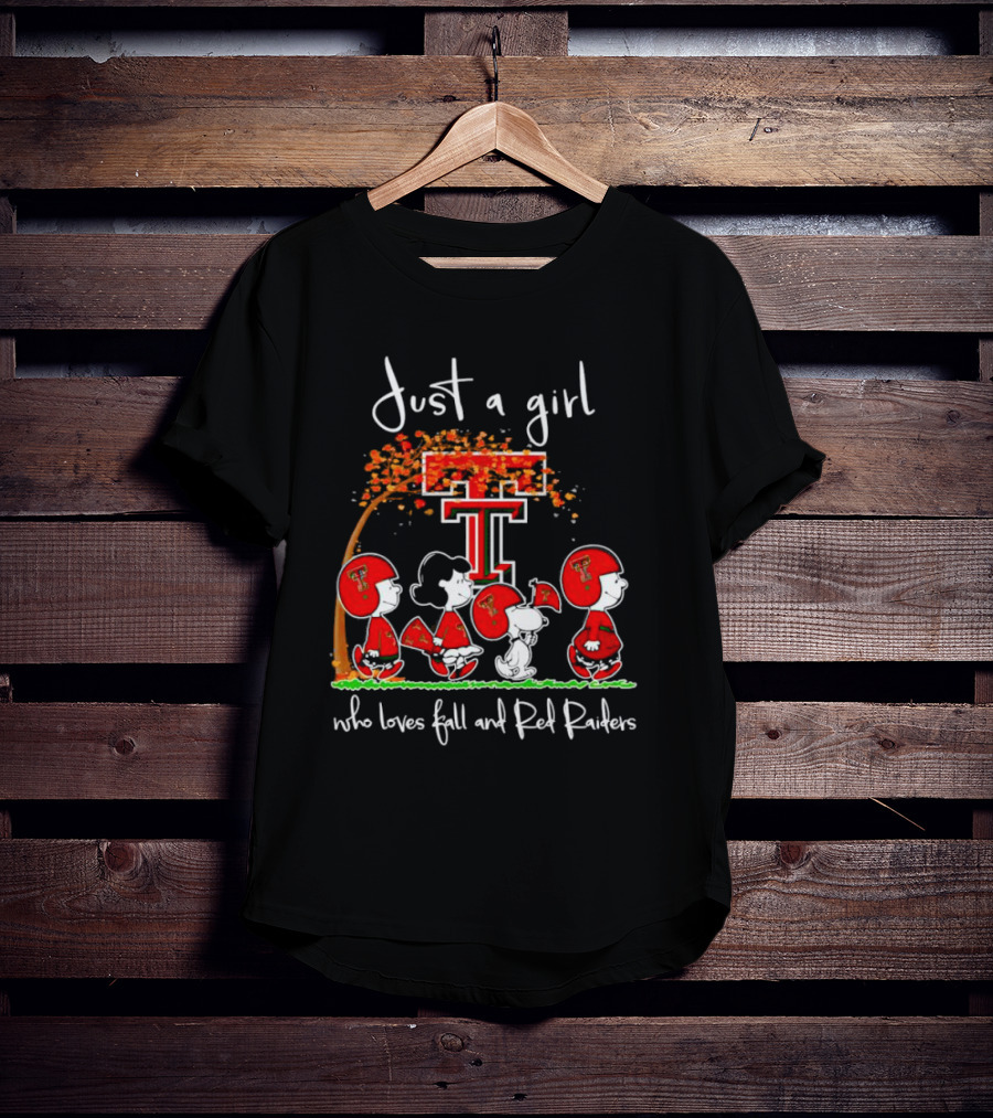 Just A Girl Who Loves Fall And Red Raiders With Peanuts Characters And Texas Tech T-Shirt
