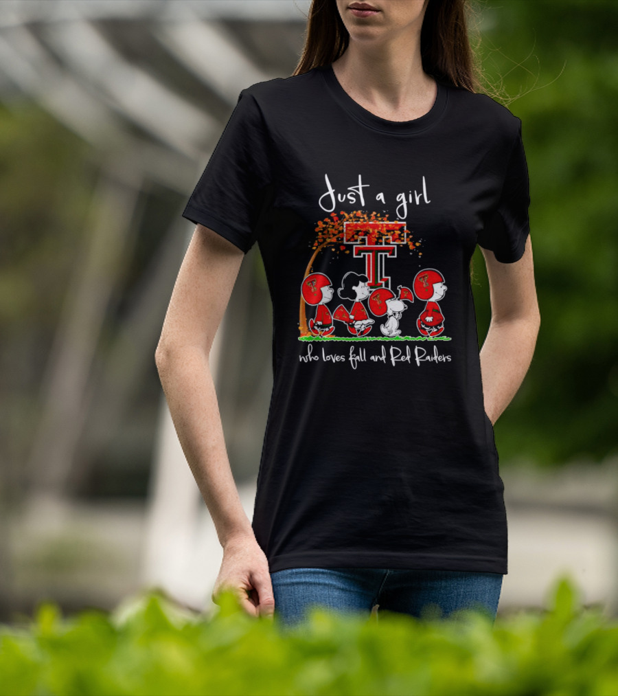 Just A Girl Who Loves Fall And Red Raiders With Peanuts Characters And Texas Tech T-Shirt