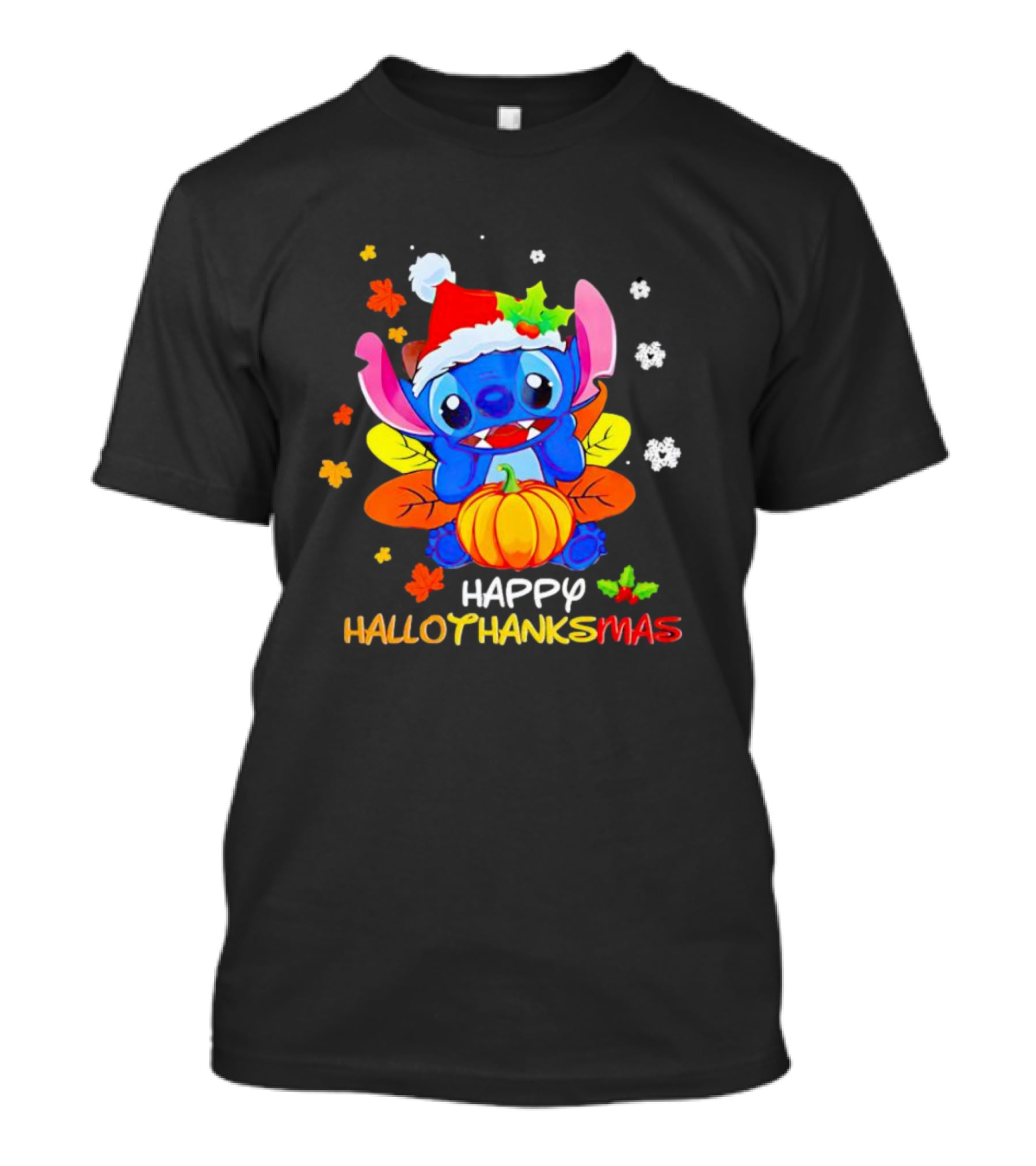 Stitch Happy Hallothanksmas Santa Hat Pumpkin Leaves Snowflakes T-Shirt