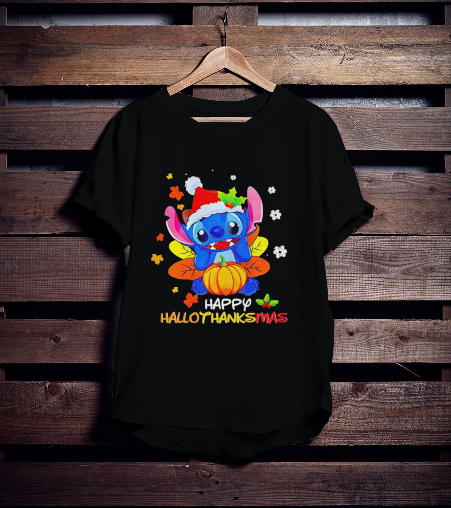 Stitch Happy Hallothanksmas Santa Hat Pumpkin Leaves Snowflakes T-Shirt