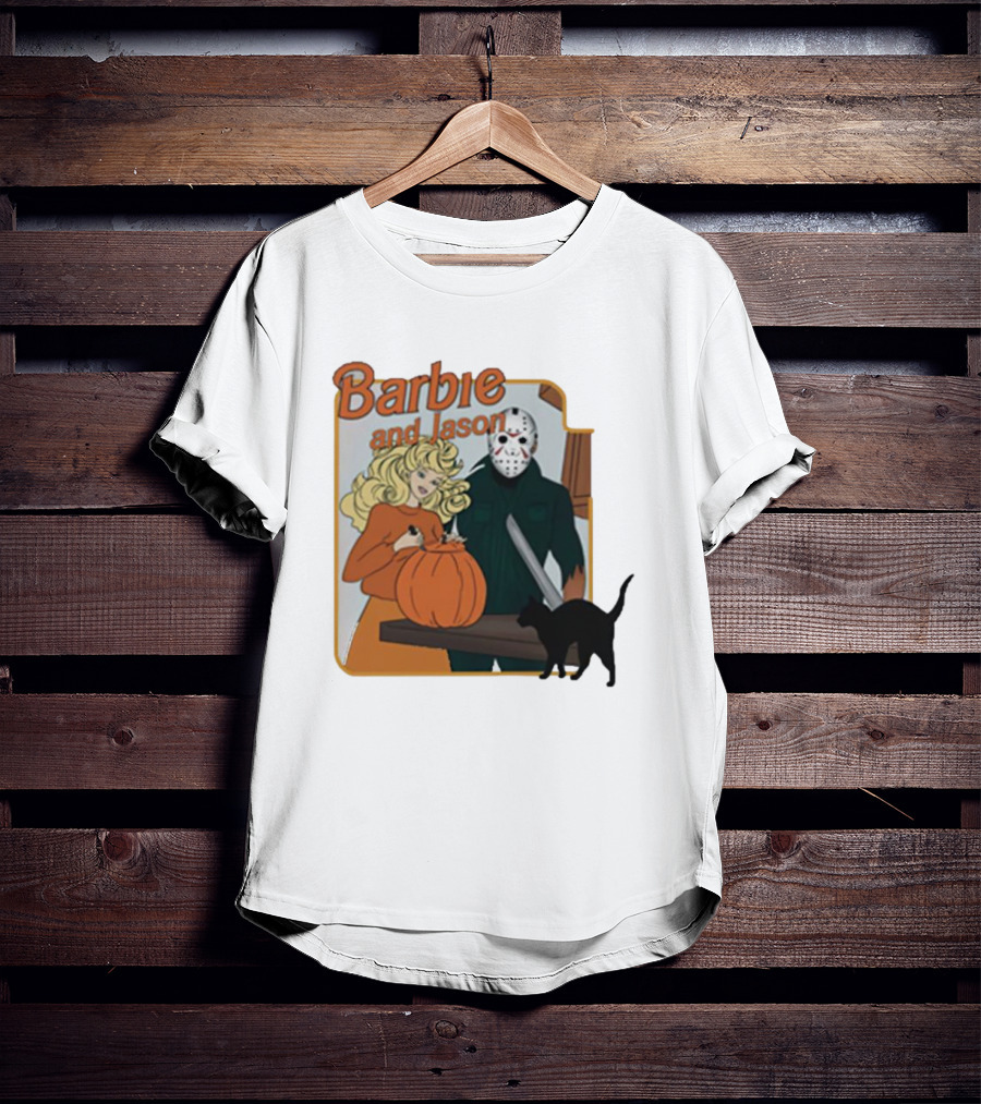 Barbie And Jason Halloween Pumpkin Carving With Black Cat T-Shirt