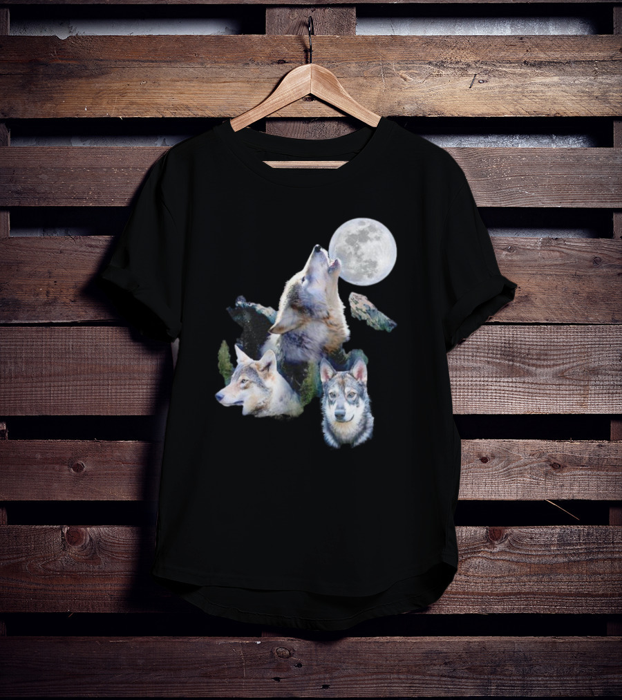 Gas Station Wolf Howling At Full Moon Trio T-Shirt