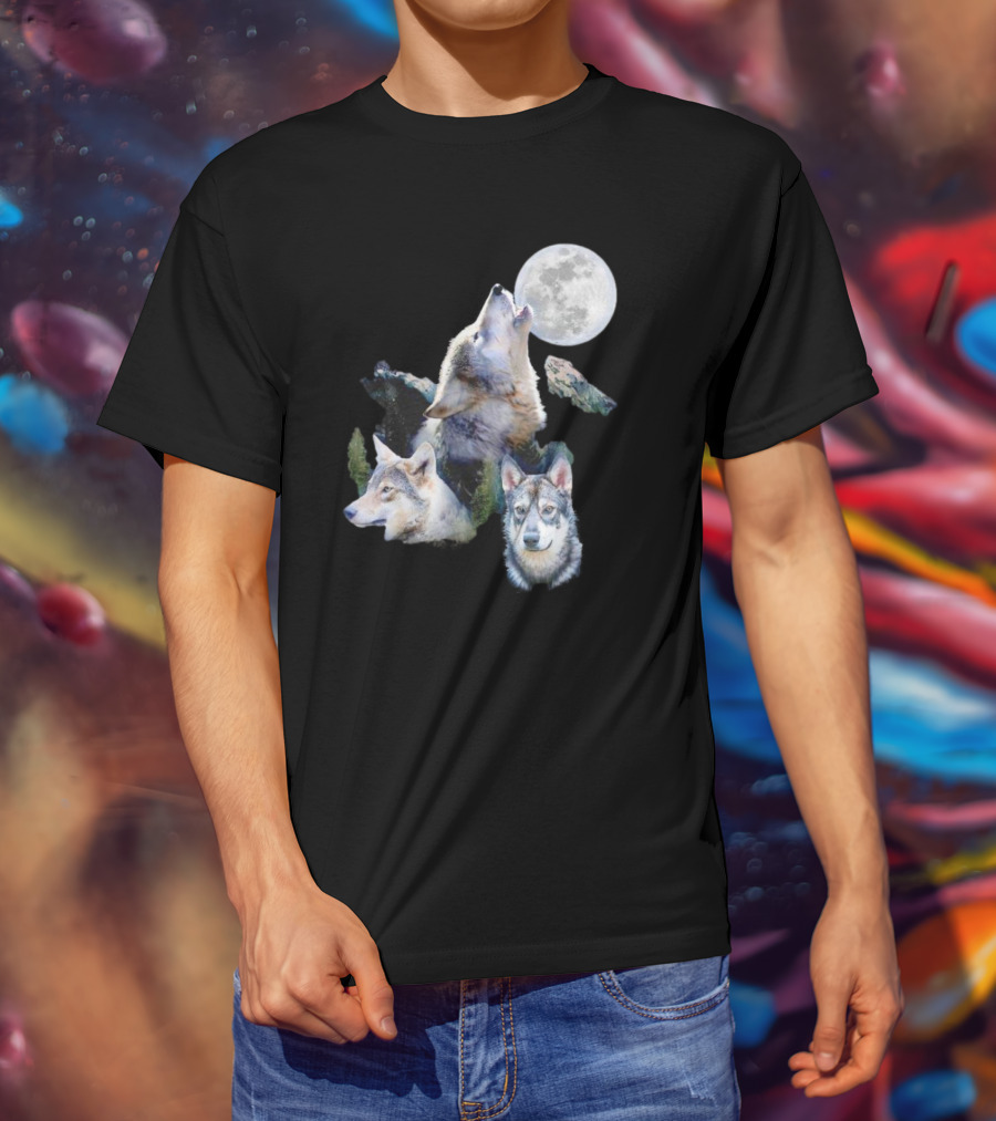 Gas Station Wolf Howling At Full Moon Trio T-Shirt
