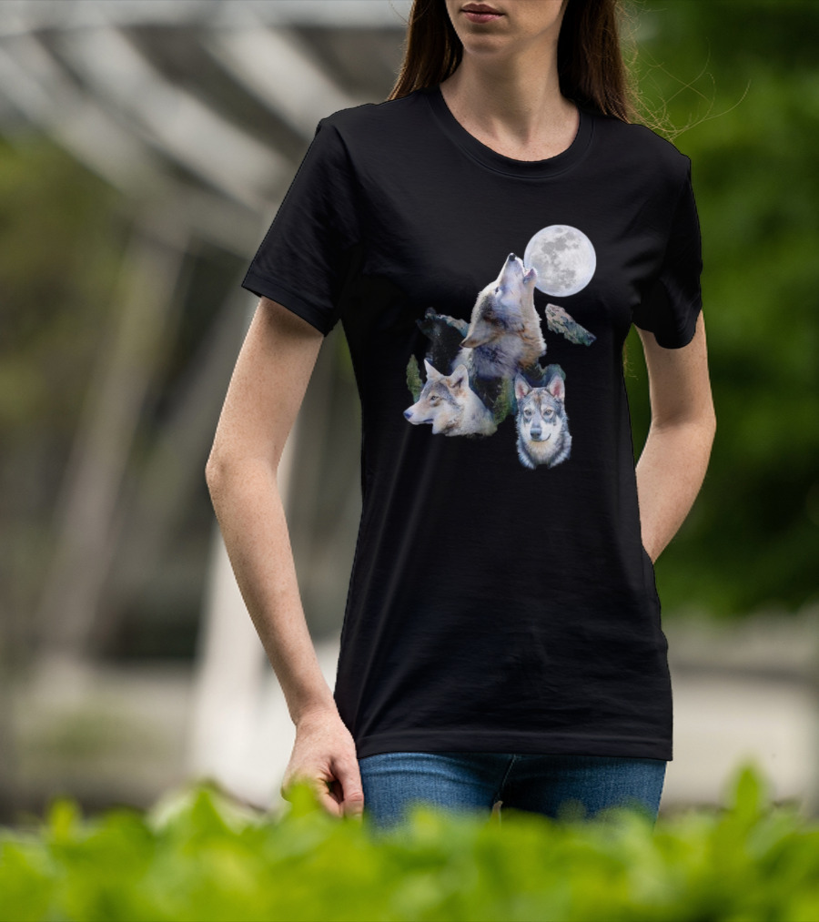 Gas Station Wolf Howling At Full Moon Trio T-Shirt