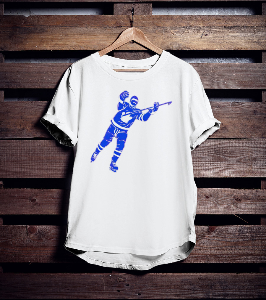 Auston Matthews Celebratory Pose Toronto Maple Leafs Player In Blue And White Hockey Gear T-Shirt