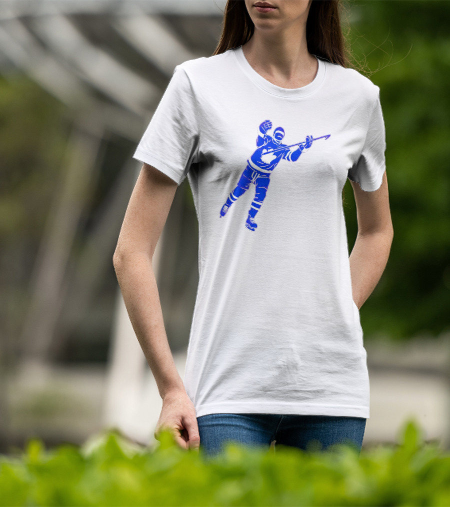 Auston Matthews Celebratory Pose Toronto Maple Leafs Player In Blue And White Hockey Gear T-Shirt