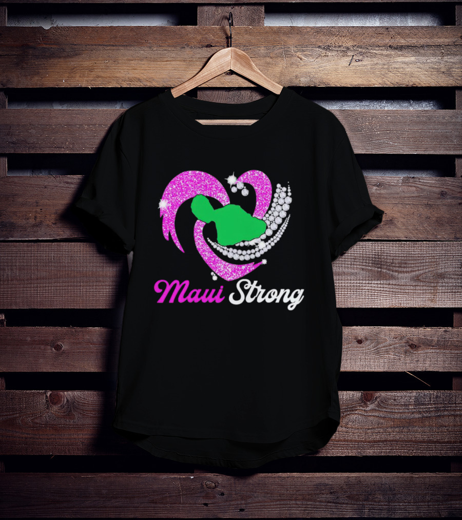 Maui Strong Pink Glitter Heart With Green Island And Diamond Accents T-Shirt