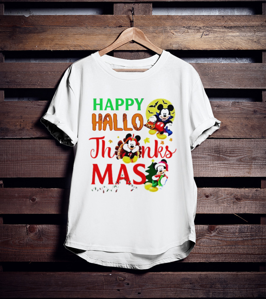 Mickey Mouse Happy Hallothanksmas Halloween Thanksgiving Christmas T-Shirt