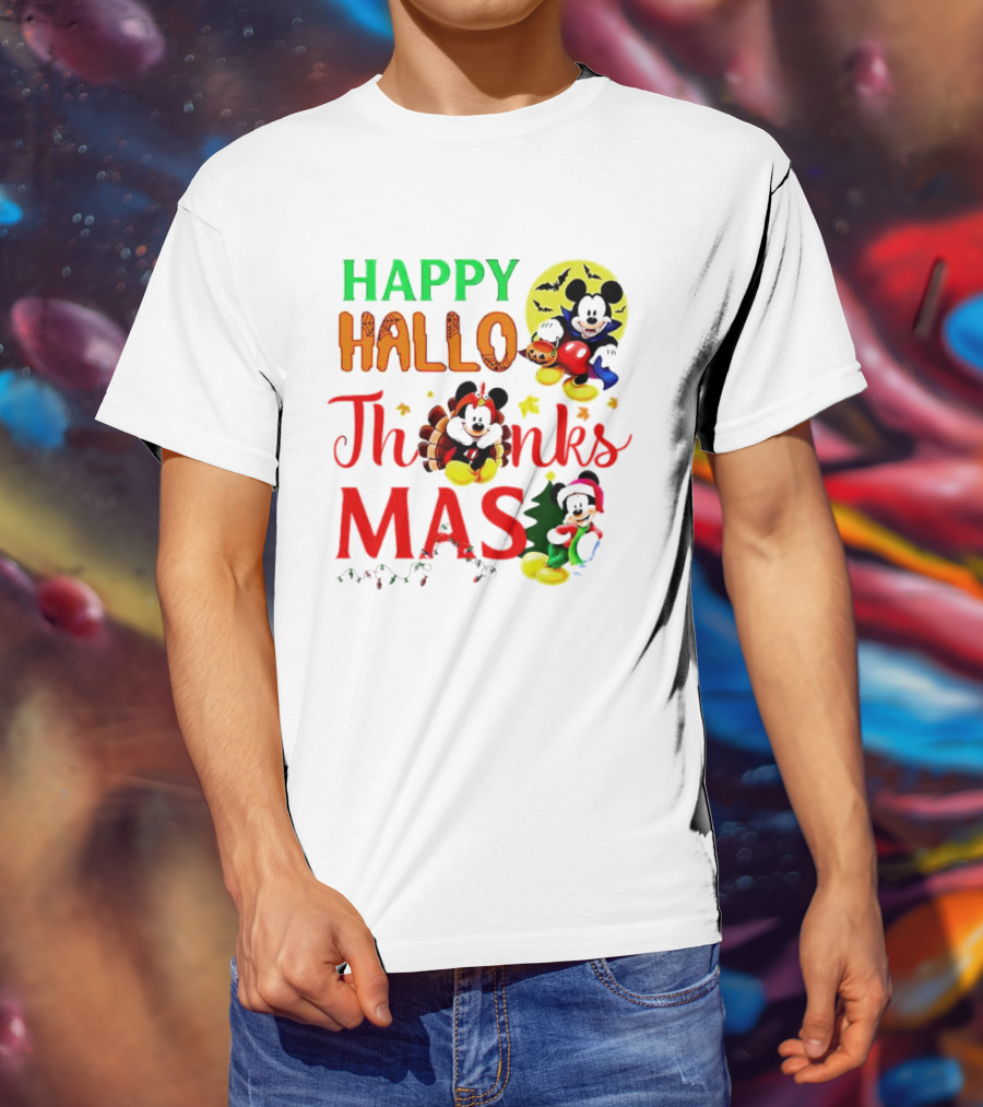 Mickey Mouse Happy Hallothanksmas Halloween Thanksgiving Christmas T-Shirt