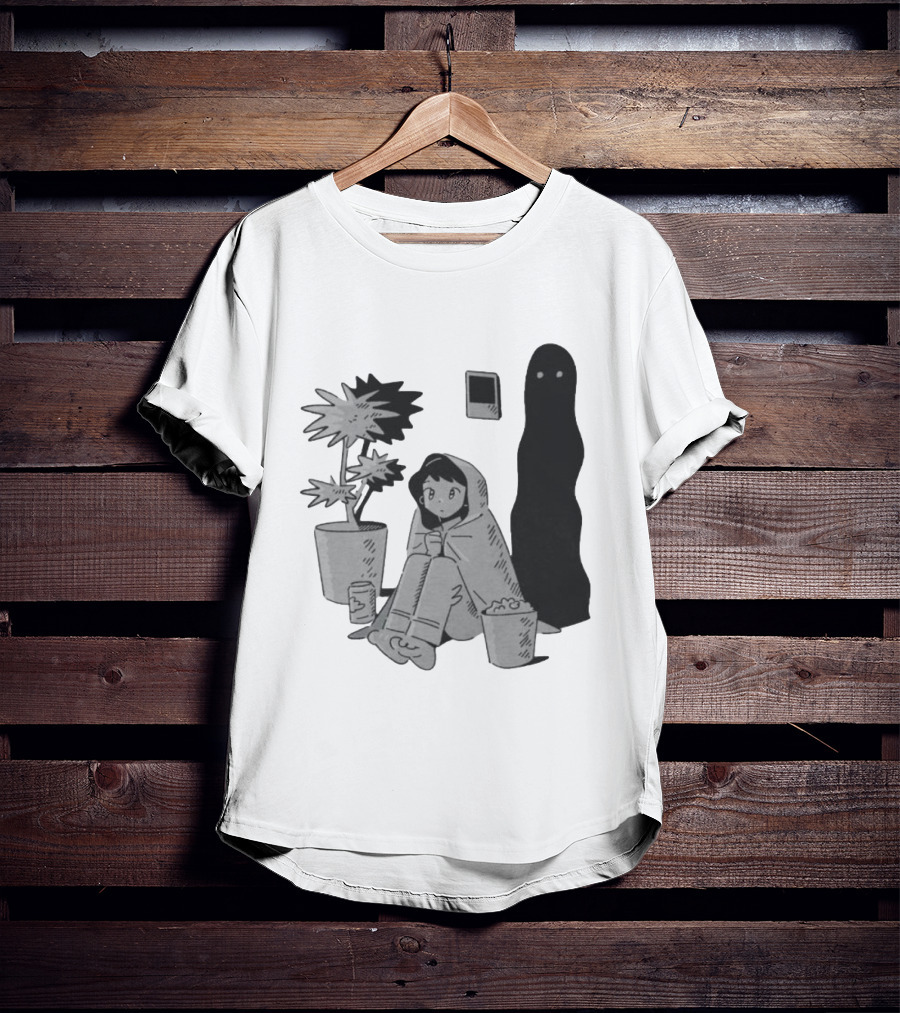 Phantom Cozy: Ghostly Companion And Snuggled Figure With Plant And Snacks T-Shirt